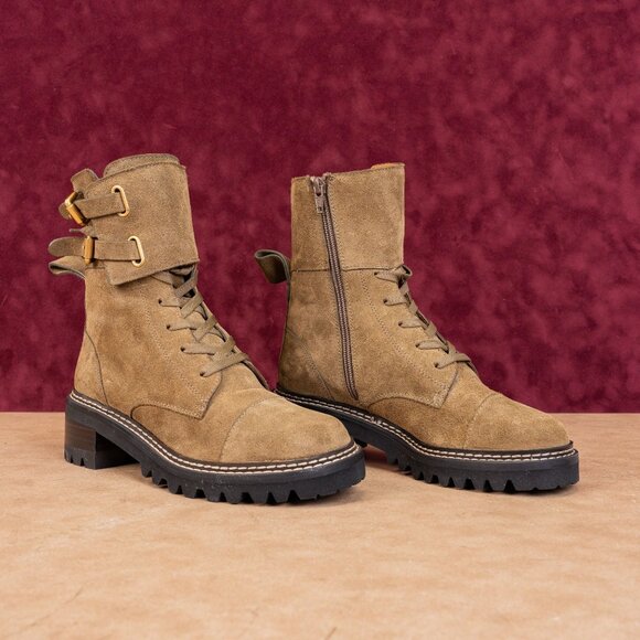 See by Chloe Wmn Mallory Military Green Suede Lace-up Moto Biker Boots 8US EUR38 - Picture 1 of 8